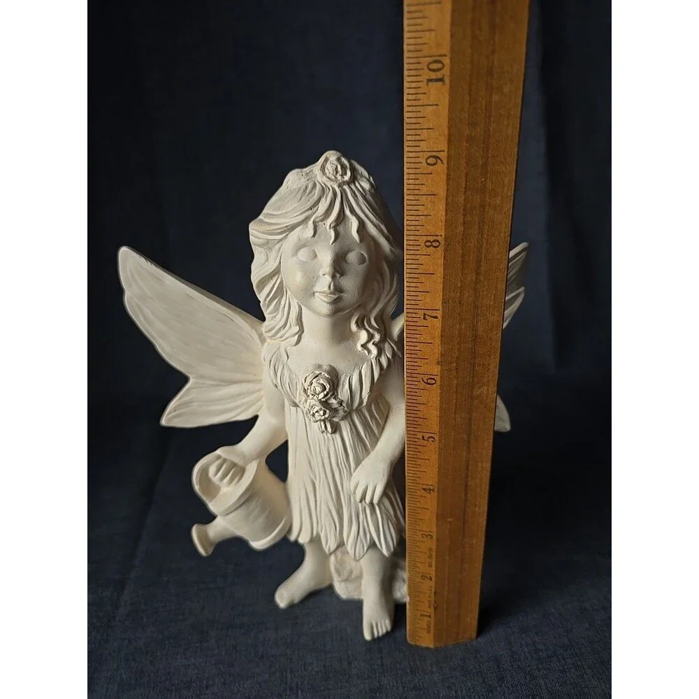 Garden Fairy Girl Watering Flower Ceramic Bisque Whimsical Decor Off White
